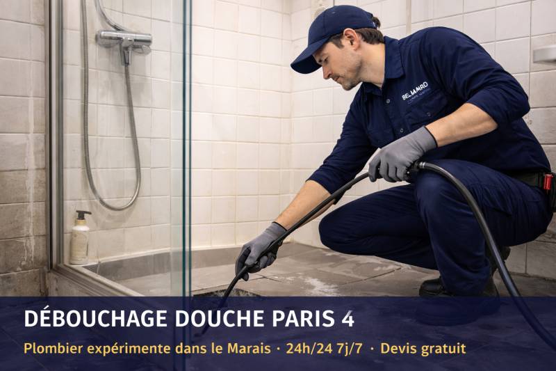 Intervention pour le débouchage d'un douche dans le quartier Marais à Paris 4